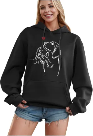 Womens Cute Dog Printed Hoodies Dog Lover Long Sleeve Pullover Hooded Drop Shoulder Sweatshirt Tops 2024 Fall Outfits
