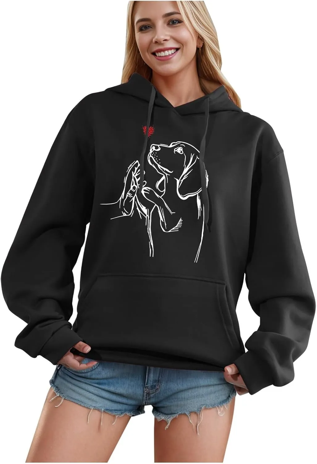 Womens Cute Dog Printed Hoodies Dog Lover Long Sleeve Pullover Hooded Drop Shoulder Sweatshirt Tops 2024 Fall Outfits