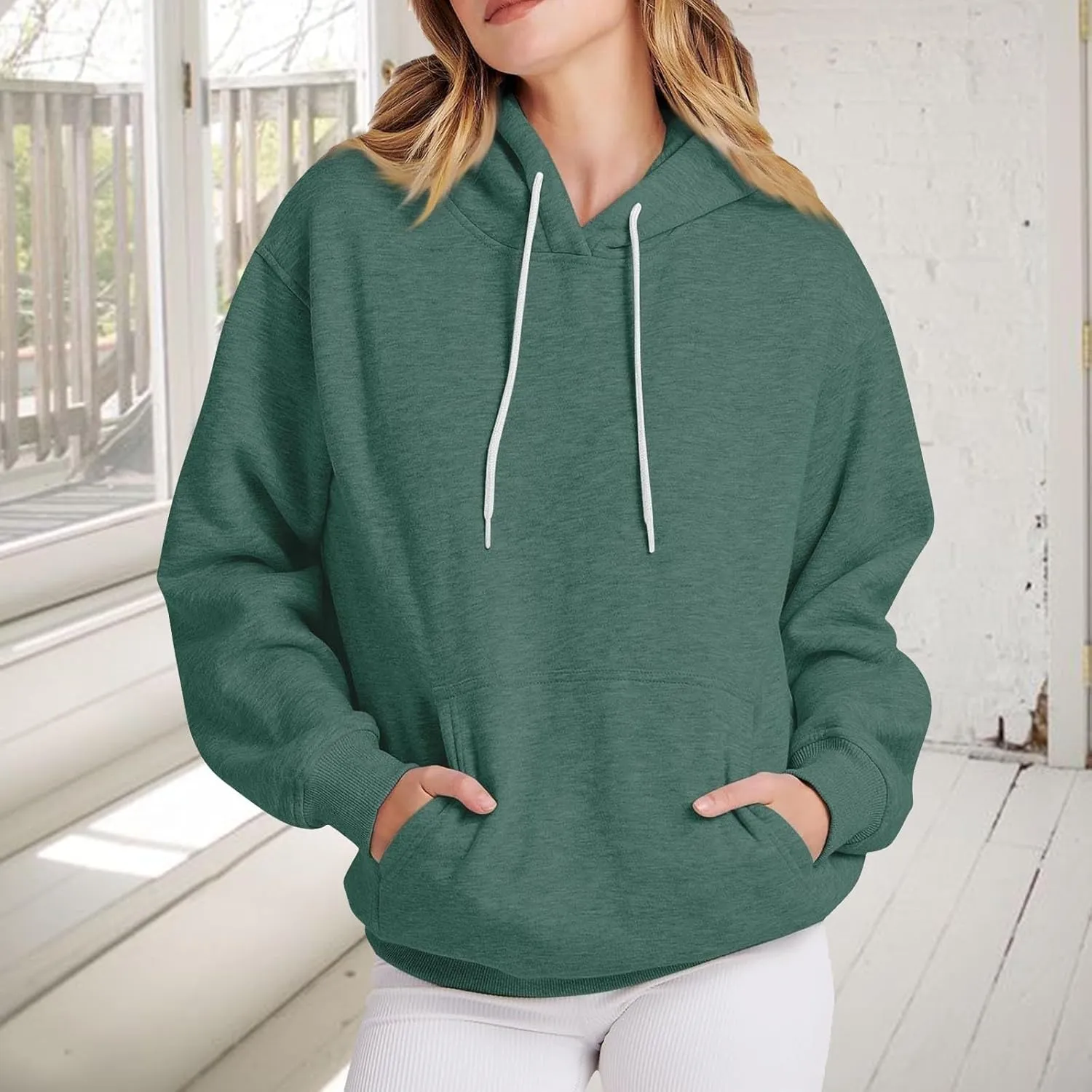 Women's Drawstring Hoodies Oversized Pullover Sweatshirts Pocket Casual Comfy Workout Preepy Track Shirts Fall Tops
