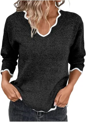 Women's Fashion V Neck Sweaters Cozy Fit Fleece Sweaters Plus Size Spring Sweater Elegant Chunky Pullover Tops