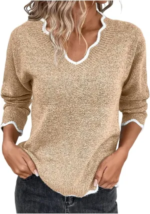 Women's Fashion V Neck Sweaters Cozy Fit Fleece Sweaters Plus Size Spring Sweater Elegant Chunky Pullover Tops