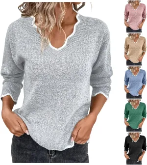 Women's Fashion V Neck Sweaters Cozy Fit Fleece Sweaters Plus Size Spring Sweater Elegant Chunky Pullover Tops