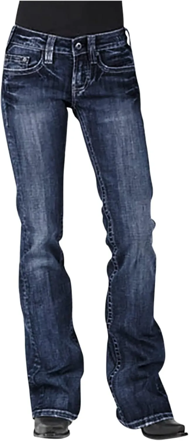 Women's Floral Print High Waisted Stretchy Bell Bottom Jeans Classic Flare Jeans Skinny Fitted Denim Pants