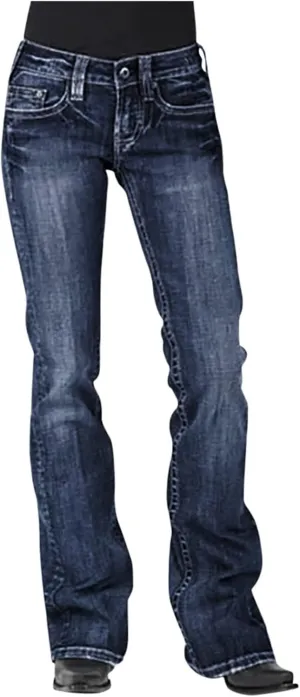 Women's Floral Print High Waisted Stretchy Bell Bottom Jeans Classic Flare Jeans Skinny Fitted Denim Pants