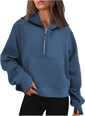 Womens Half Zip Cropped Pullover Sweatshirts Fleece Quarter Zipper Hoodies Fall Outfits Clothes Thumb Hole