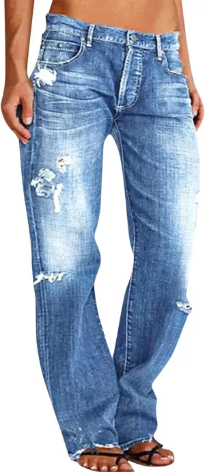 Womens High Waisted Jeans Waisted Trousers Jeans Lace Poket Denim Women's Jeans Straight Leg Loose Stretchy Straight