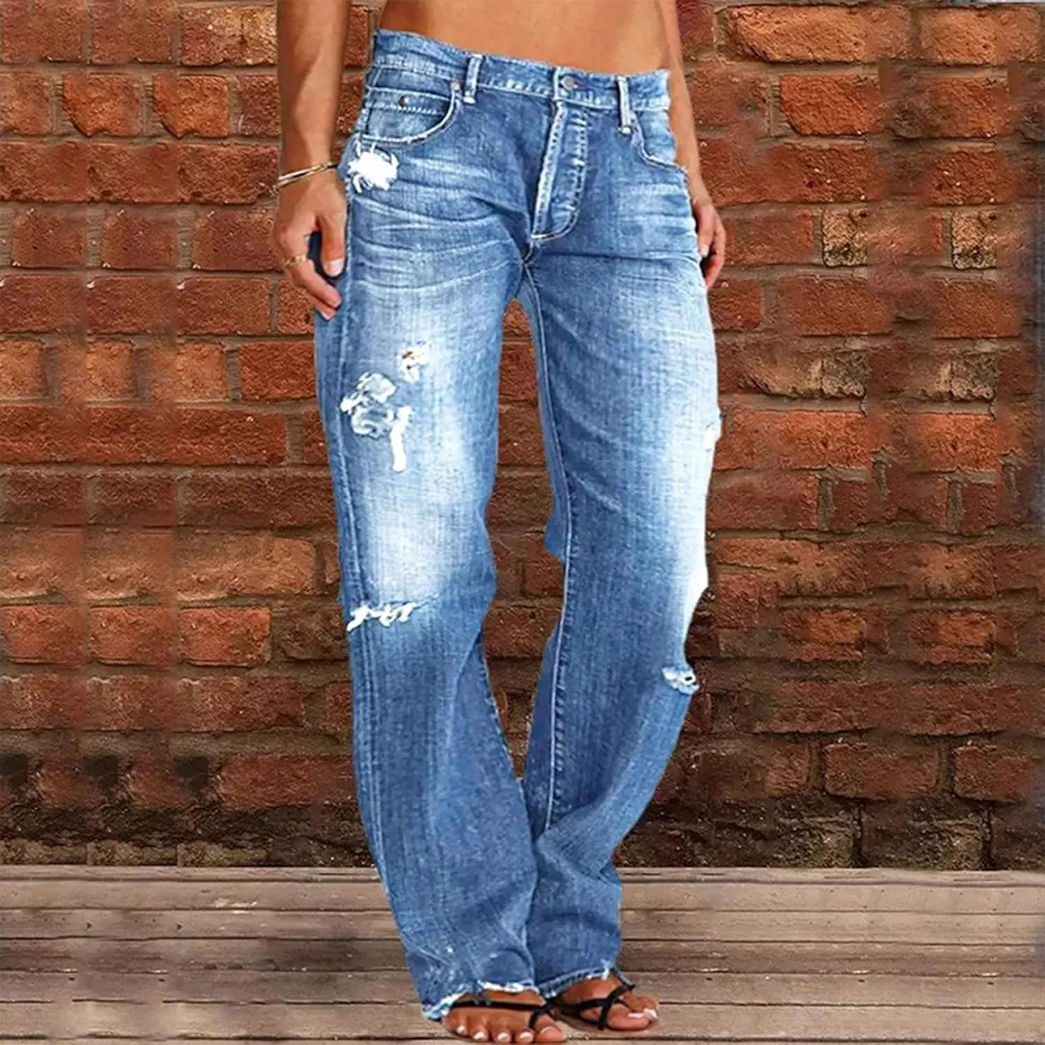 Womens High Waisted Jeans Waisted Trousers Jeans Lace Poket Denim Women's Jeans Straight Leg Loose Stretchy Straight