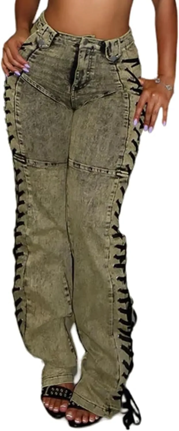 Women's High Waisted Skinny Jeans Straight Leg Stretch Distressed Drawstring Lace Up Sexy Denim Pants Streetwear