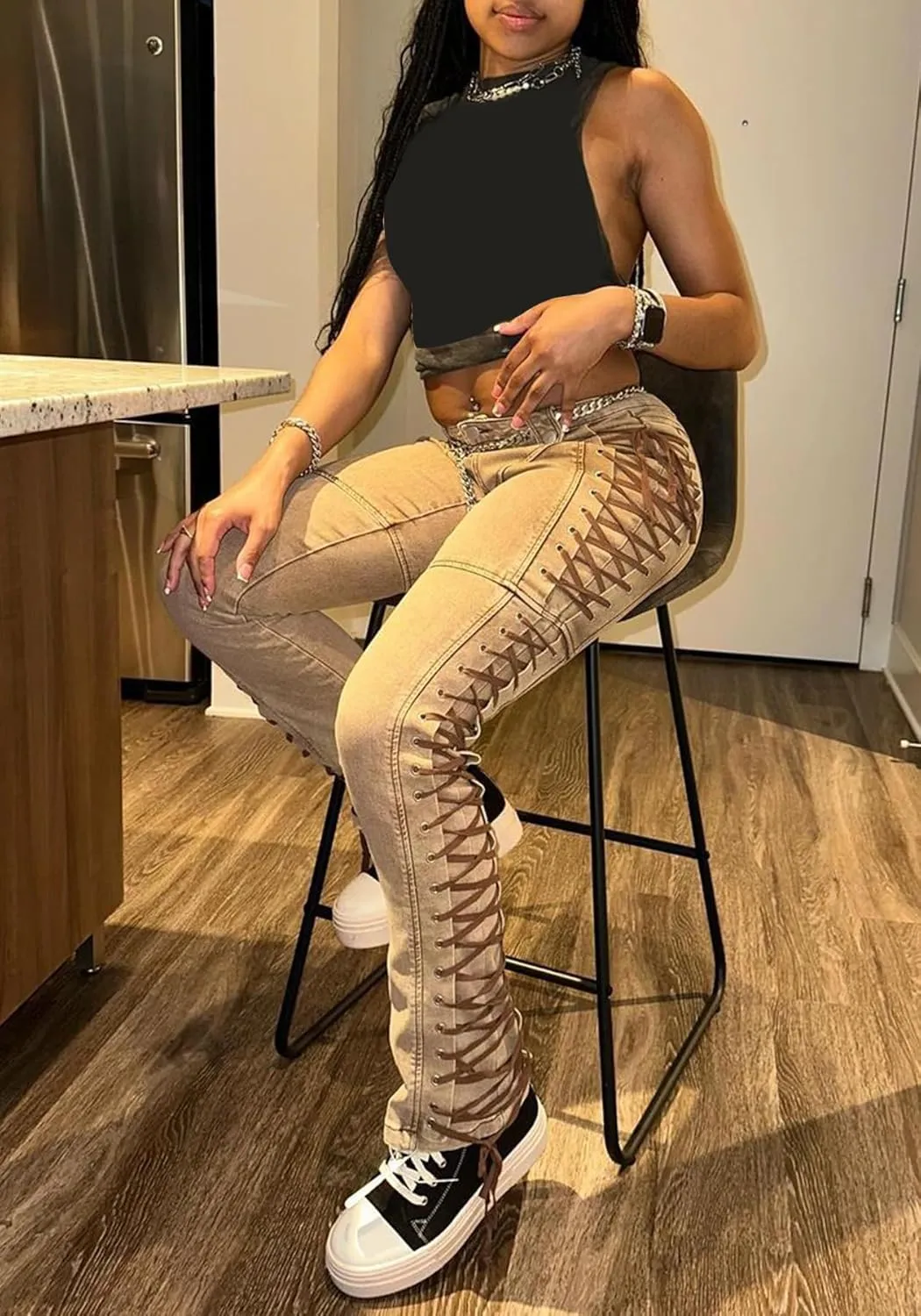 Women's High Waisted Skinny Jeans Straight Leg Stretch Distressed Drawstring Lace Up Sexy Denim Pants Streetwear