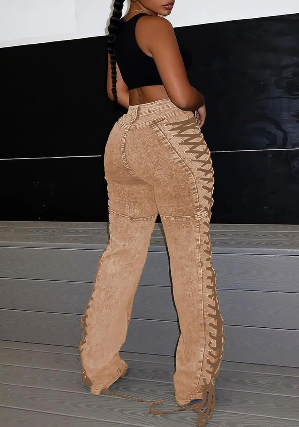 Women's High Waisted Skinny Jeans Straight Leg Stretch Distressed Drawstring Lace Up Sexy Denim Pants Streetwear
