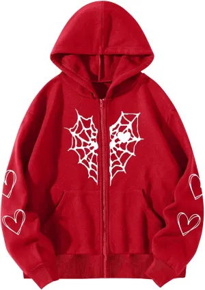 Womens Hooded Sweatshirt Coat Fashion Print Casual Zipper Hoodies with Pockets Baggy Lightweight Jacket Fall Outfits
