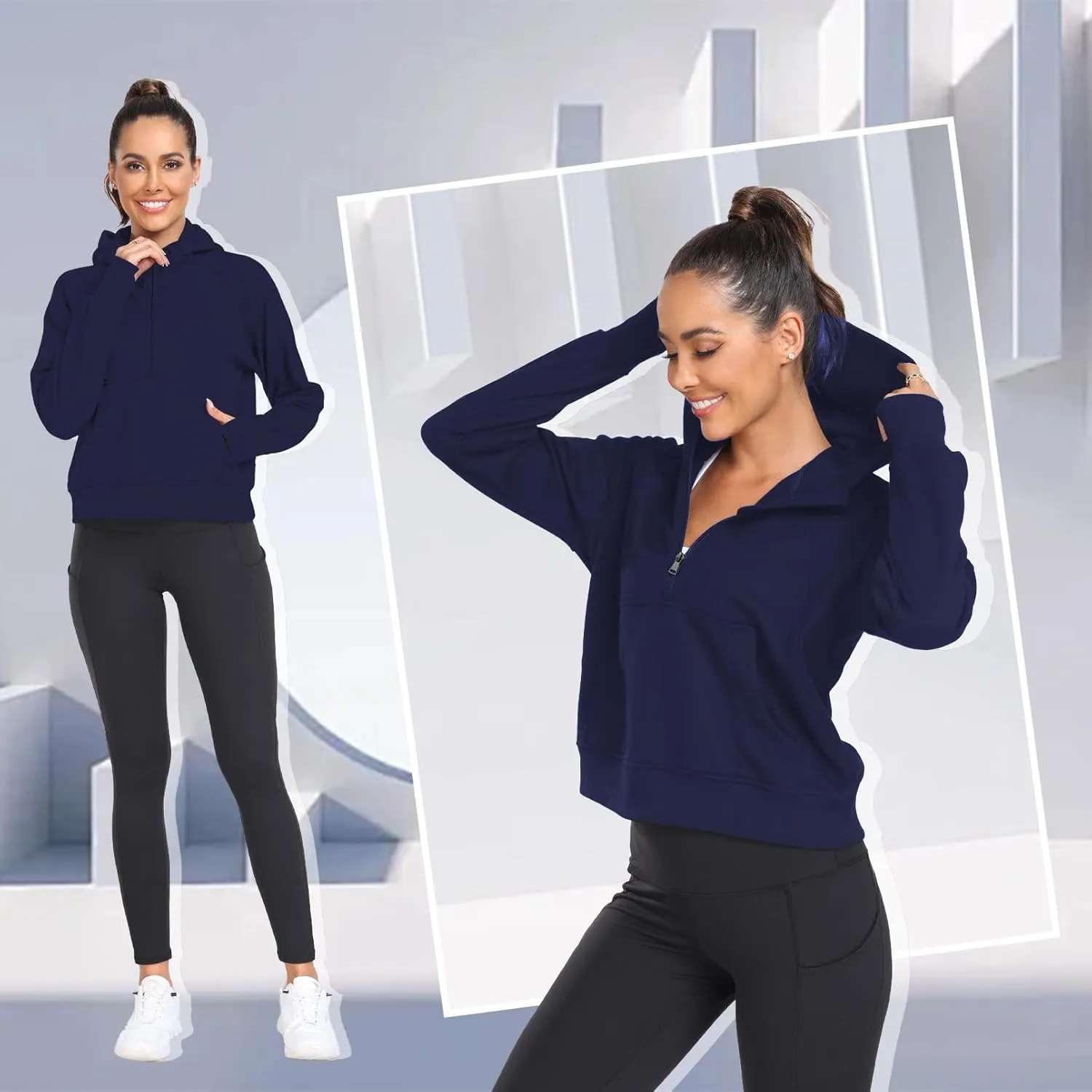 Womens Hoodies 1/2 Zipper Pullover cropped Sweatshirts Long Sleeve Loose Thumb Hole oversized