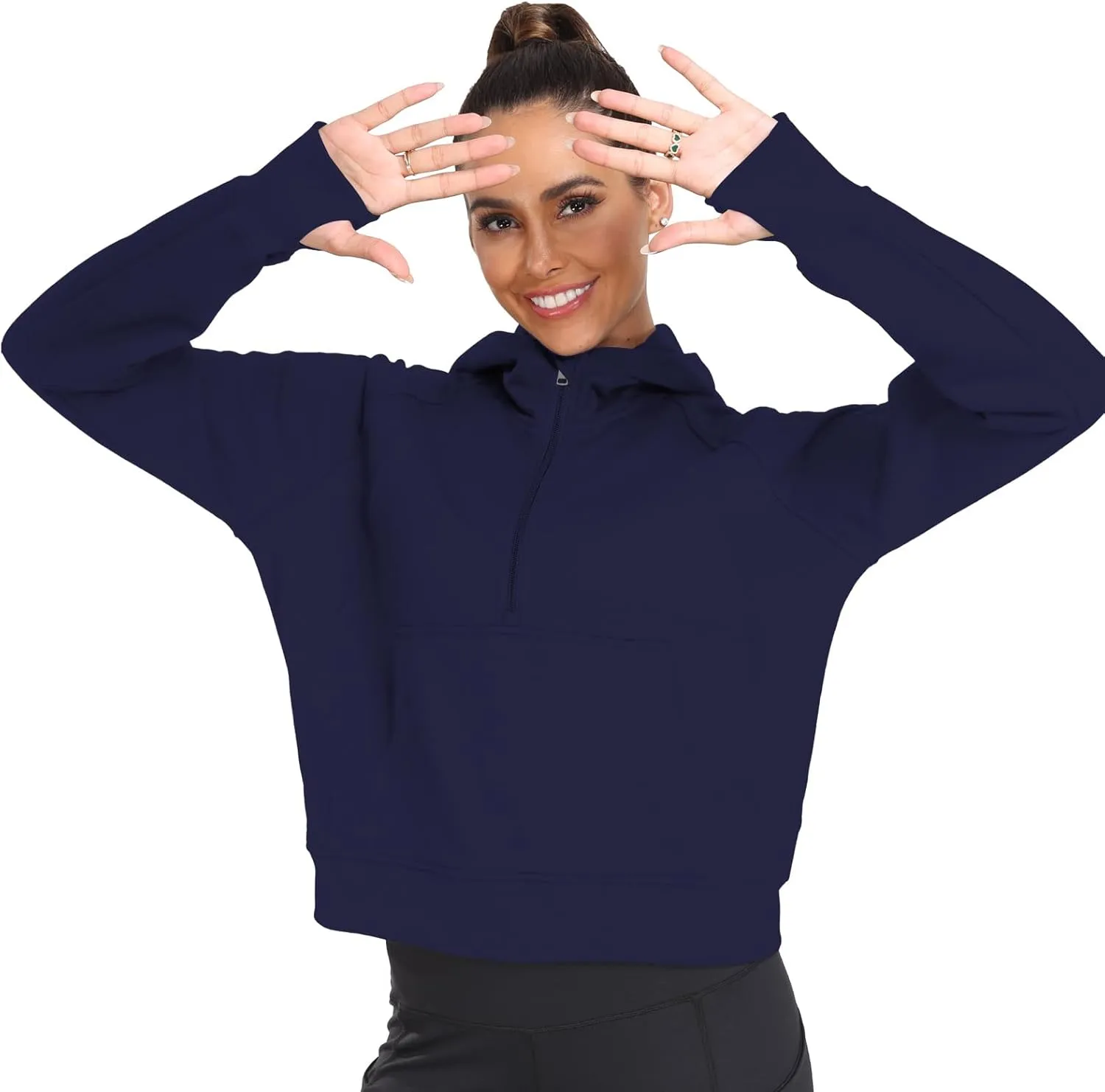 Womens Hoodies 1/2 Zipper Pullover cropped Sweatshirts Long Sleeve Loose Thumb Hole oversized