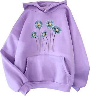 Womens Hoodies Fall Long Sleeve Drawstring Pullover Tops With Pocket Fashion Print Loose Casual Sweatshirt