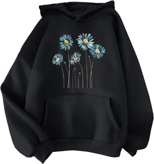 Womens Hoodies Fall Long Sleeve Drawstring Pullover Tops With Pocket Fashion Print Loose Casual Sweatshirt