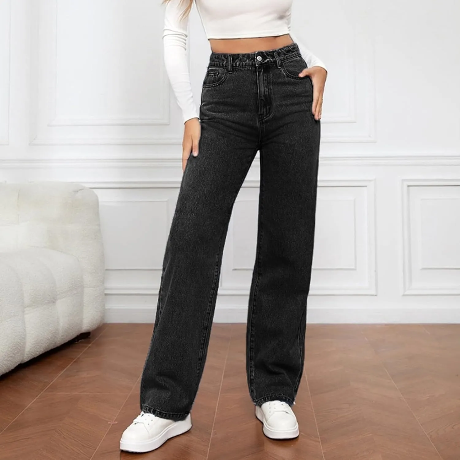 Women's Jeans High Waisted Wide Leg Straight Denim Pants Plus Size Stretch Bootcut Loose Casual Y2K Ankle Trendy with Pockets