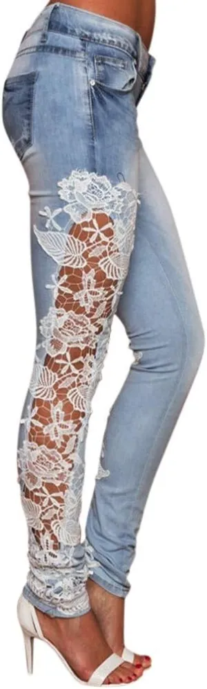 Women's Jeans Low Rise Skinny Jeans Sexy Lace Jeans Stretch Wash Denim Pants