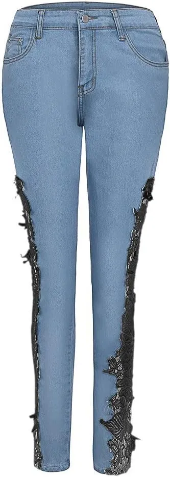 Women's Jeans Low Rise Skinny Jeans Sexy Lace Jeans Stretch Wash Denim Pants
