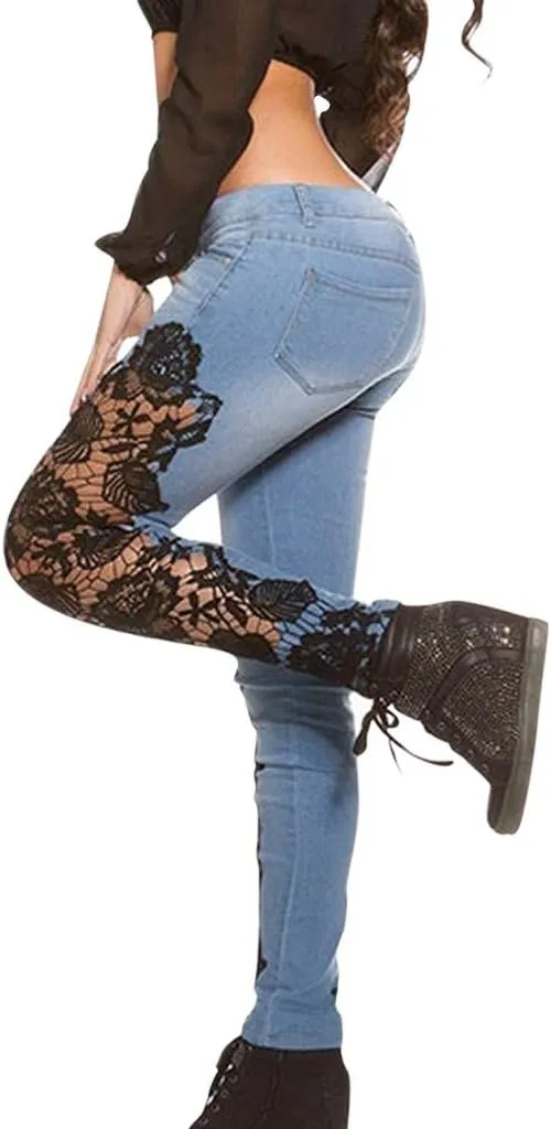 Women's Jeans Low Rise Skinny Jeans Sexy Lace Jeans Stretch Wash Denim Pants