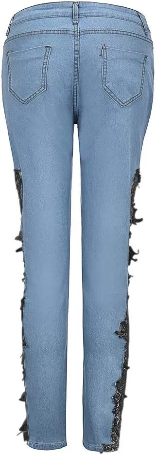 Women's Jeans Low Rise Skinny Jeans Sexy Lace Jeans Stretch Wash Denim Pants