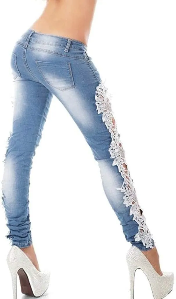 Women's Jeans Low Rise Skinny Jeans Sexy Lace Jeans Stretch Wash Denim Pants