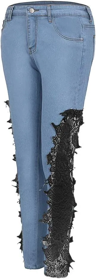 Women's Jeans Low Rise Skinny Jeans Sexy Lace Jeans Stretch Wash Denim Pants