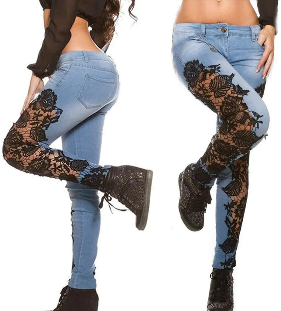 Women's Jeans Low Rise Skinny Jeans Sexy Lace Jeans Stretch Wash Denim Pants