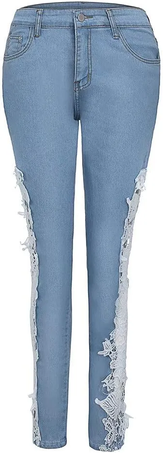 Women's Jeans Low Rise Skinny Jeans Sexy Lace Jeans Stretch Wash Denim Pants