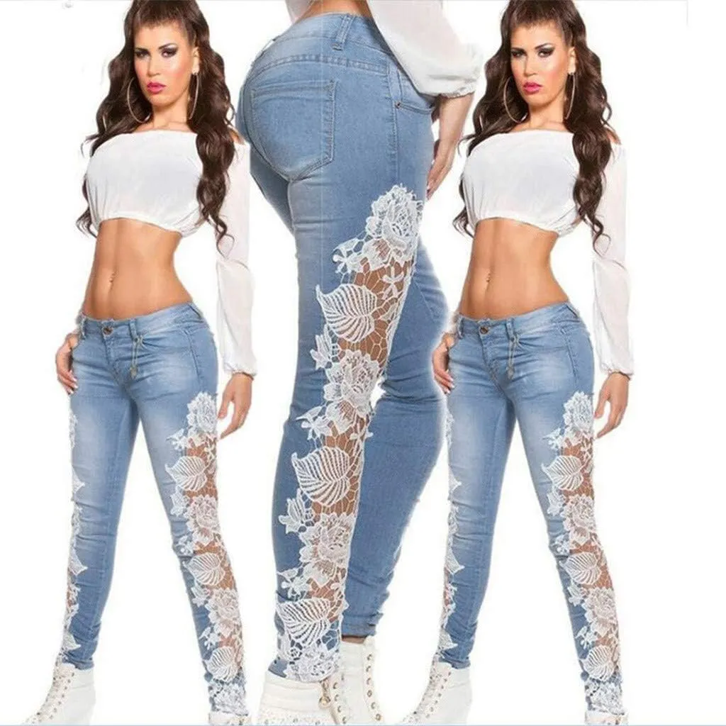 Women's Jeans Low Rise Skinny Jeans Sexy Lace Jeans Stretch Wash Denim Pants