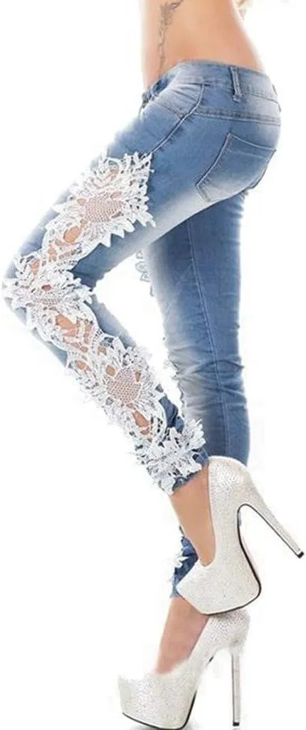 Women's Jeans Low Rise Skinny Jeans Sexy Lace Jeans Stretch Wash Denim Pants