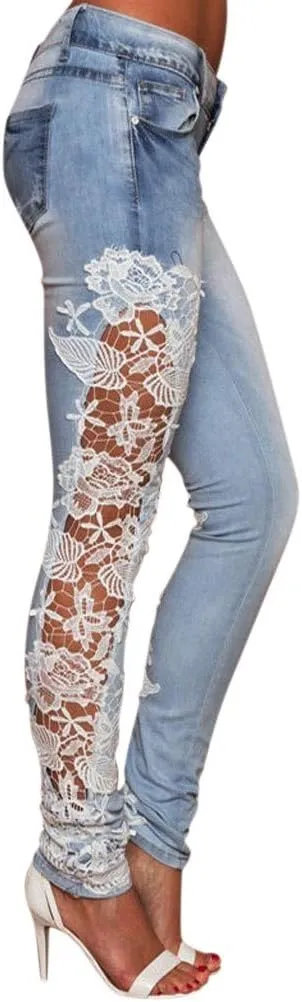 Women's Jeans Low Rise Skinny Jeans Sexy Lace Jeans Stretch Wash Denim Pants