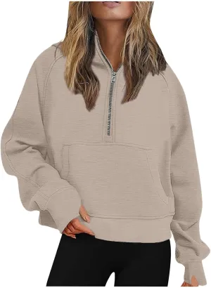 Womens Lightweight Sweatshirts Casual Half Zipper Hoodies Fashion Elegant Solid Long Sleeve Pocket Sport Pullover Tops
