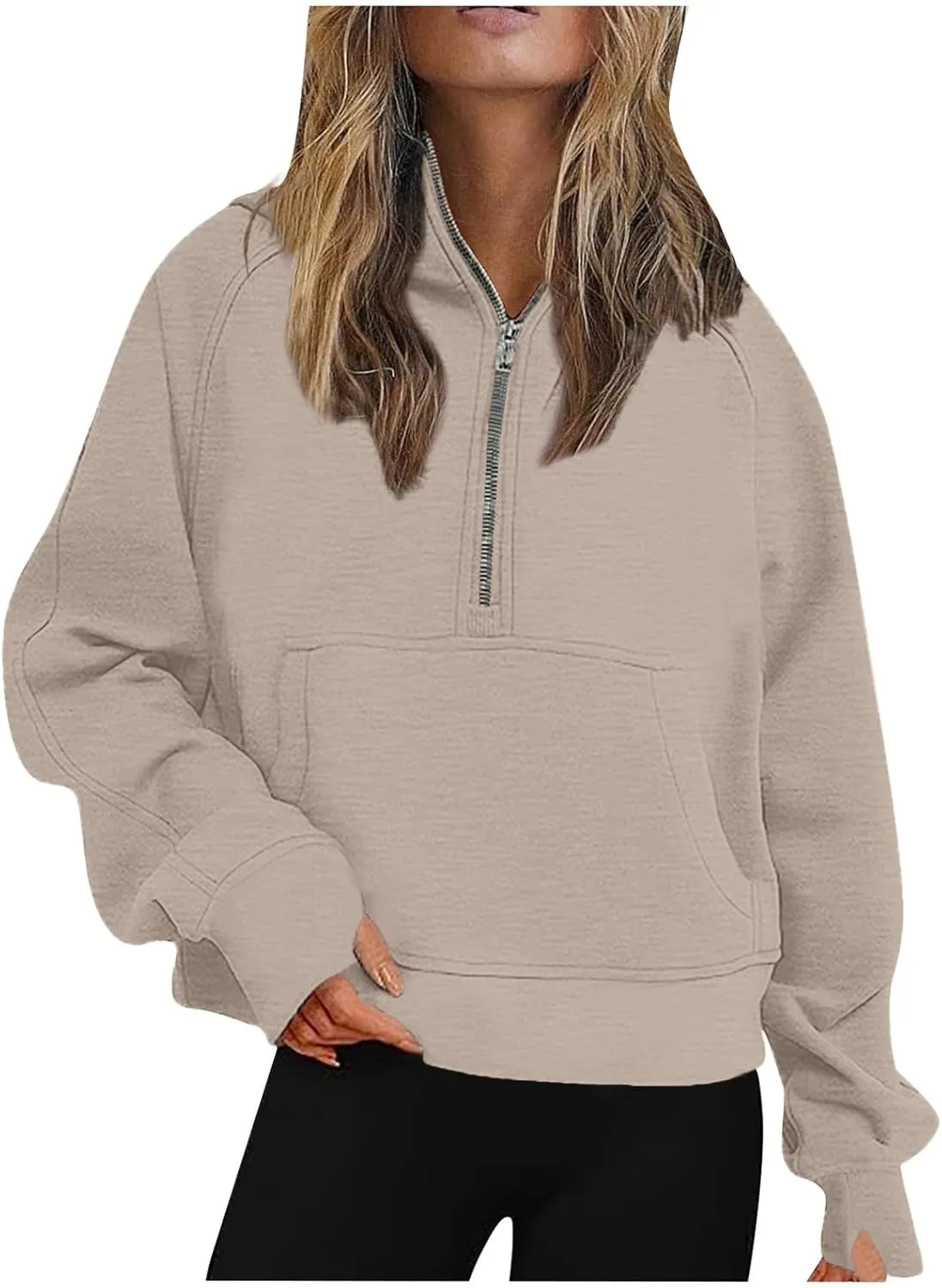 Womens Lightweight Sweatshirts Casual Half Zipper Hoodies Fashion Elegant Solid Long Sleeve Pocket Sport Pullover Tops