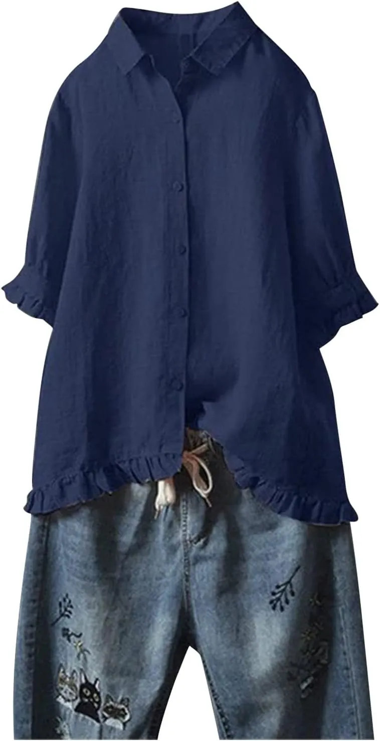 Womens Linen Shirts V Neck Button Blouse Collar Soft Tee Top Short Sleeve Loose Fit T-Shirts