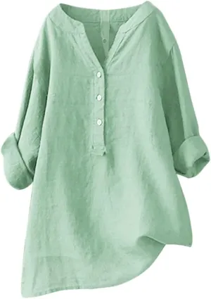 Womens Linen Shirts V Neck Button Blouse Collar Soft Tee Top Short Sleeve Loose Fit T-Shirts