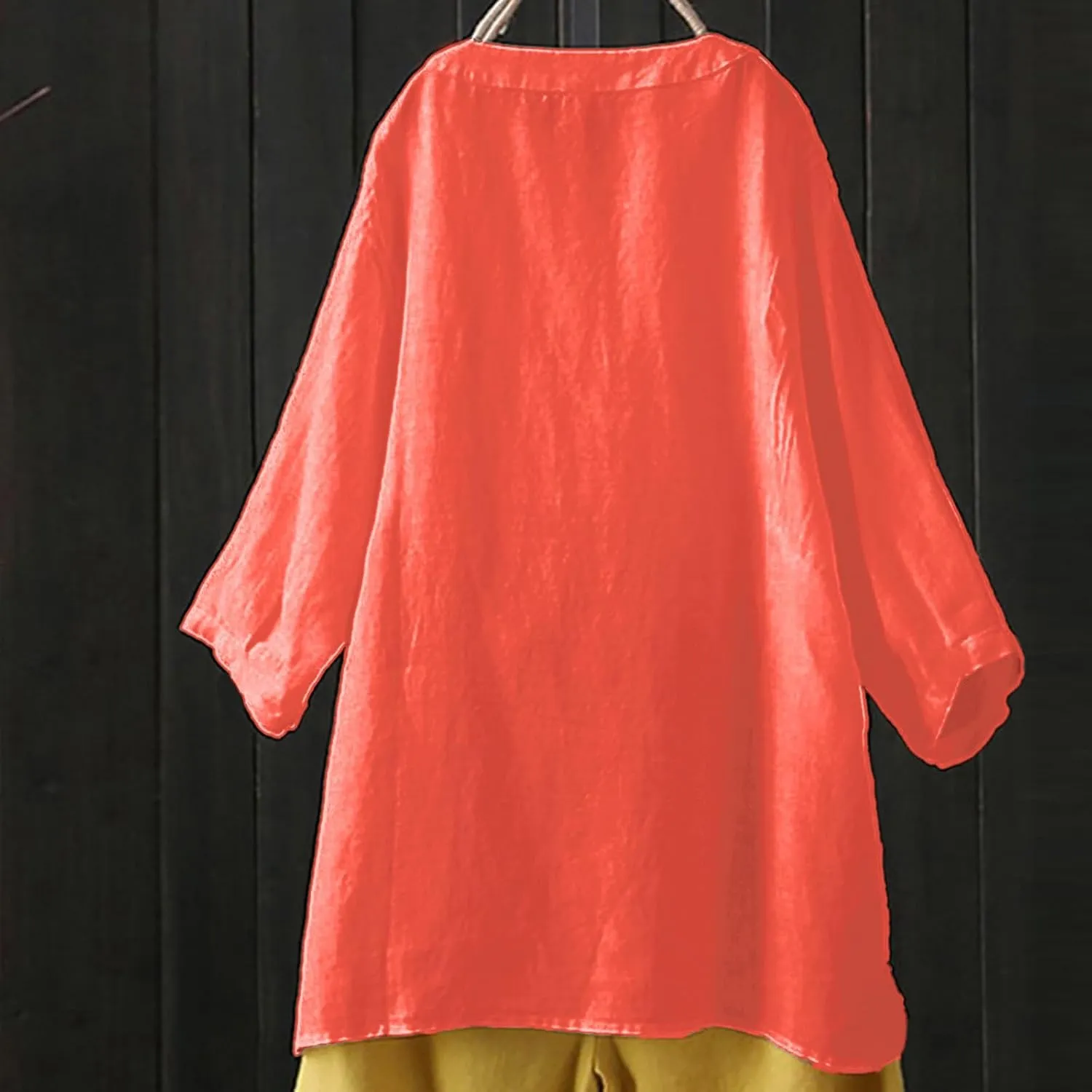 Womens Linen Shirts V Neck Button Blouse Collar Soft Tee Top Short Sleeve Loose Fit T-Shirts