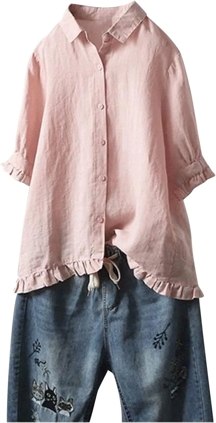 Womens Linen Shirts V Neck Button Blouse Collar Soft Tee Top Short Sleeve Loose Fit T-Shirts