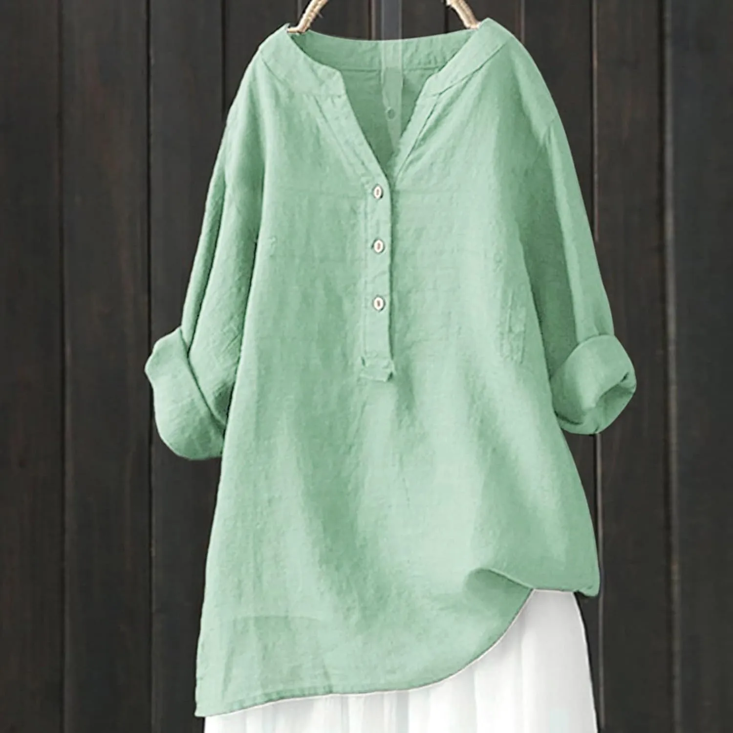 Womens Linen Shirts V Neck Button Blouse Collar Soft Tee Top Short Sleeve Loose Fit T-Shirts