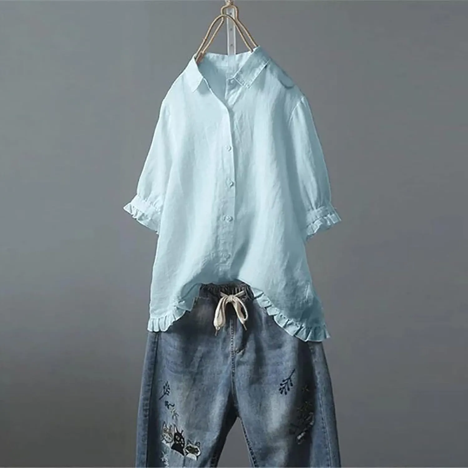 Womens Linen Shirts V Neck Button Blouse Collar Soft Tee Top Short Sleeve Loose Fit T-Shirts