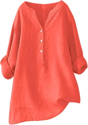 Womens Linen Shirts V Neck Button Blouse Collar Soft Tee Top Short Sleeve Loose Fit T-Shirts