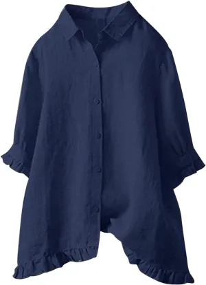 Womens Linen Shirts V Neck Button Blouse Collar Soft Tee Top Short Sleeve Loose Fit T-Shirts