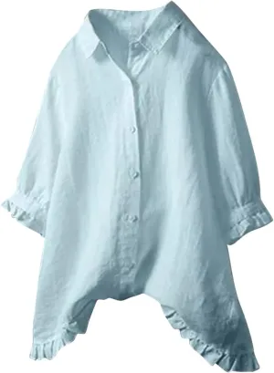 Womens Linen Shirts V Neck Button Blouse Collar Soft Tee Top Short Sleeve Loose Fit T-Shirts