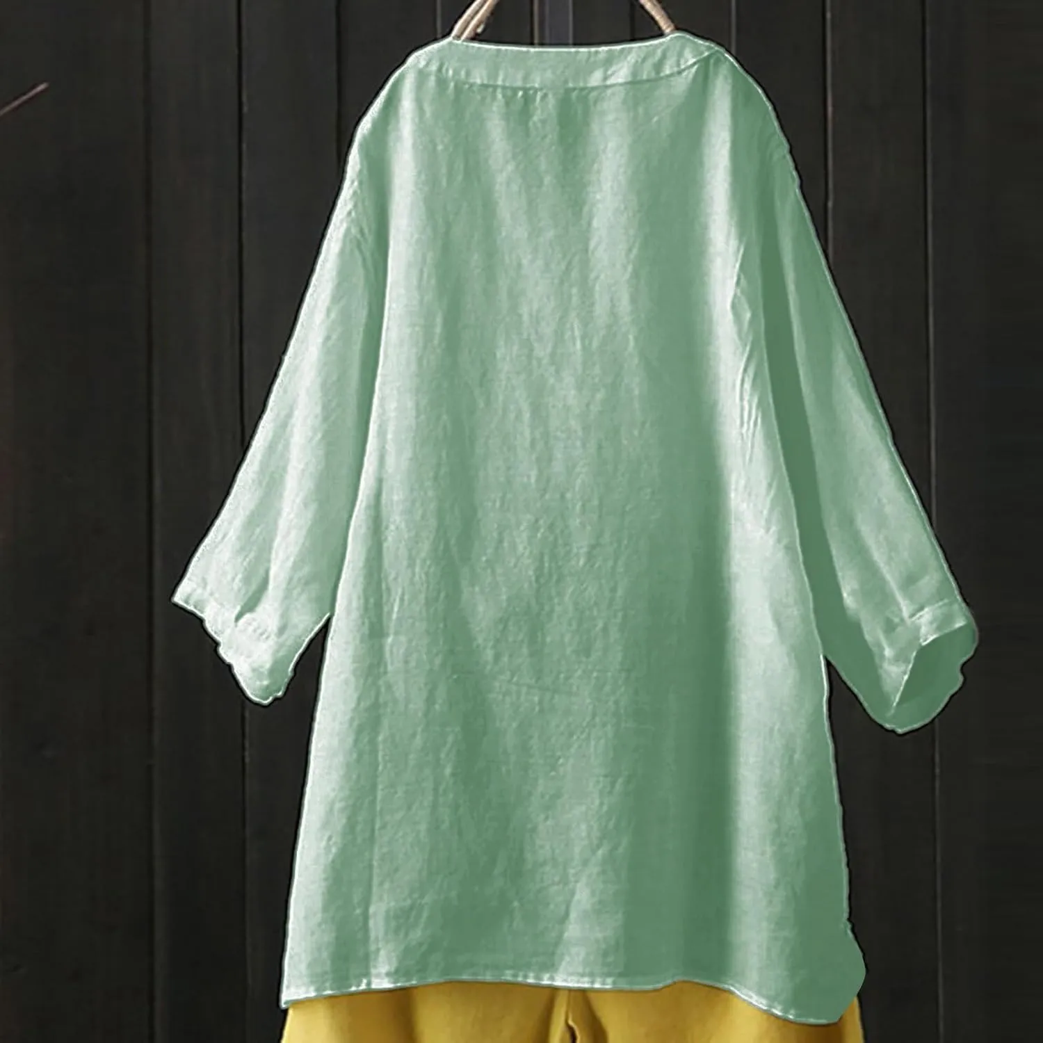 Womens Linen Shirts V Neck Button Blouse Collar Soft Tee Top Short Sleeve Loose Fit T-Shirts