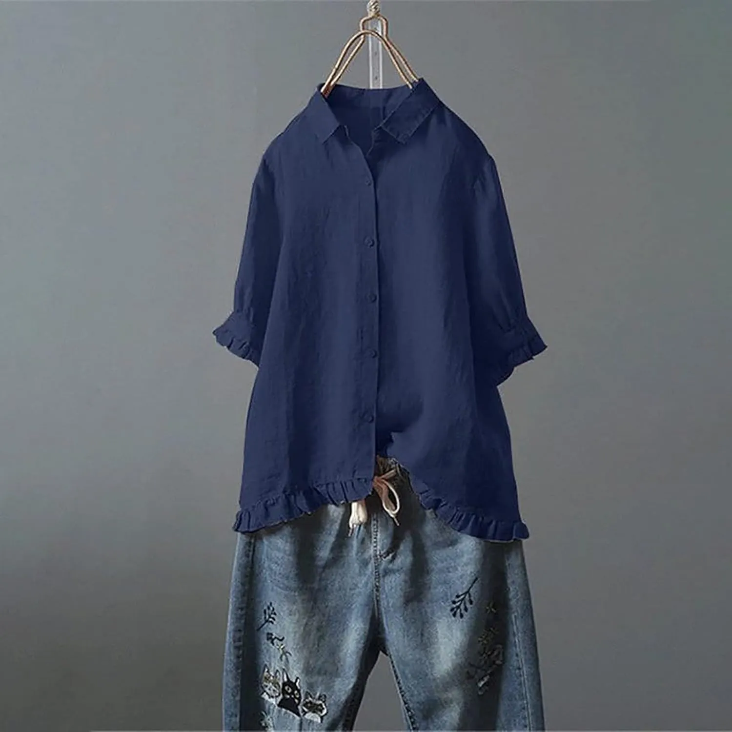 Womens Linen Shirts V Neck Button Blouse Collar Soft Tee Top Short Sleeve Loose Fit T-Shirts
