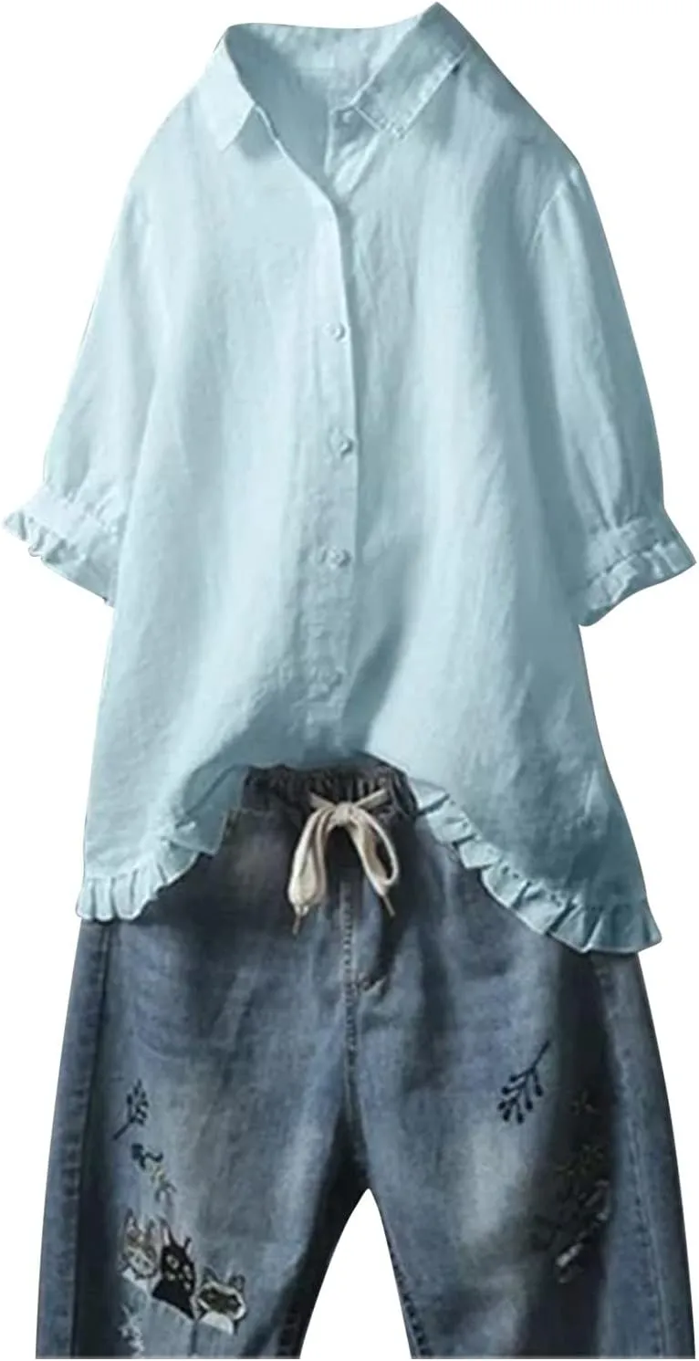 Womens Linen Shirts V Neck Button Blouse Collar Soft Tee Top Short Sleeve Loose Fit T-Shirts