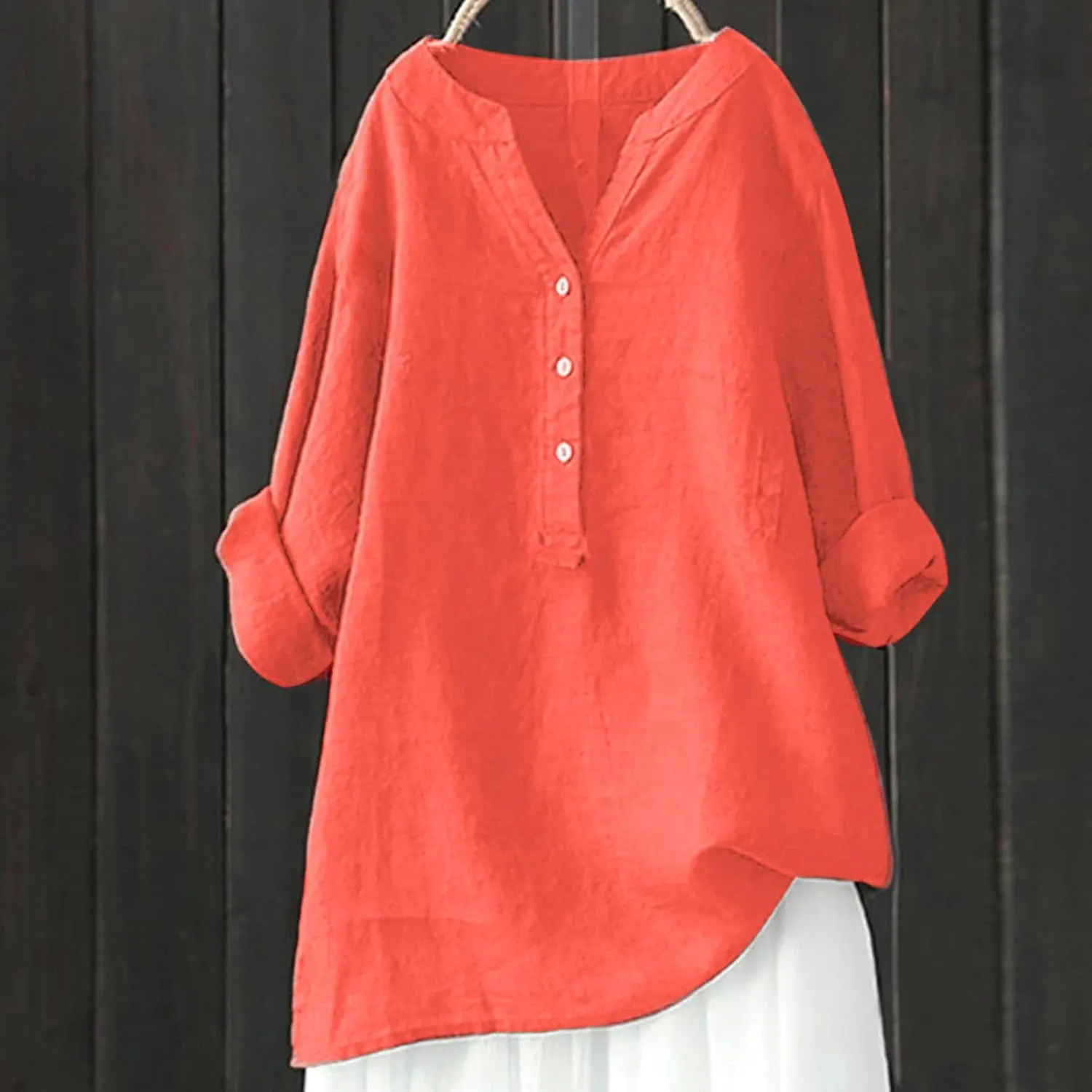 Womens Linen Shirts V Neck Button Blouse Collar Soft Tee Top Short Sleeve Loose Fit T-Shirts
