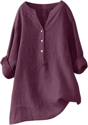Womens Linen Shirts V-Neck Buttons Blouses Embroidery Plus Size Tops Short Sleeve Loose Fit T Shirts