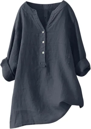 Womens Linen Shirts V-Neck Buttons Blouses Embroidery Plus Size Tops Short Sleeve Loose Fit T Shirts