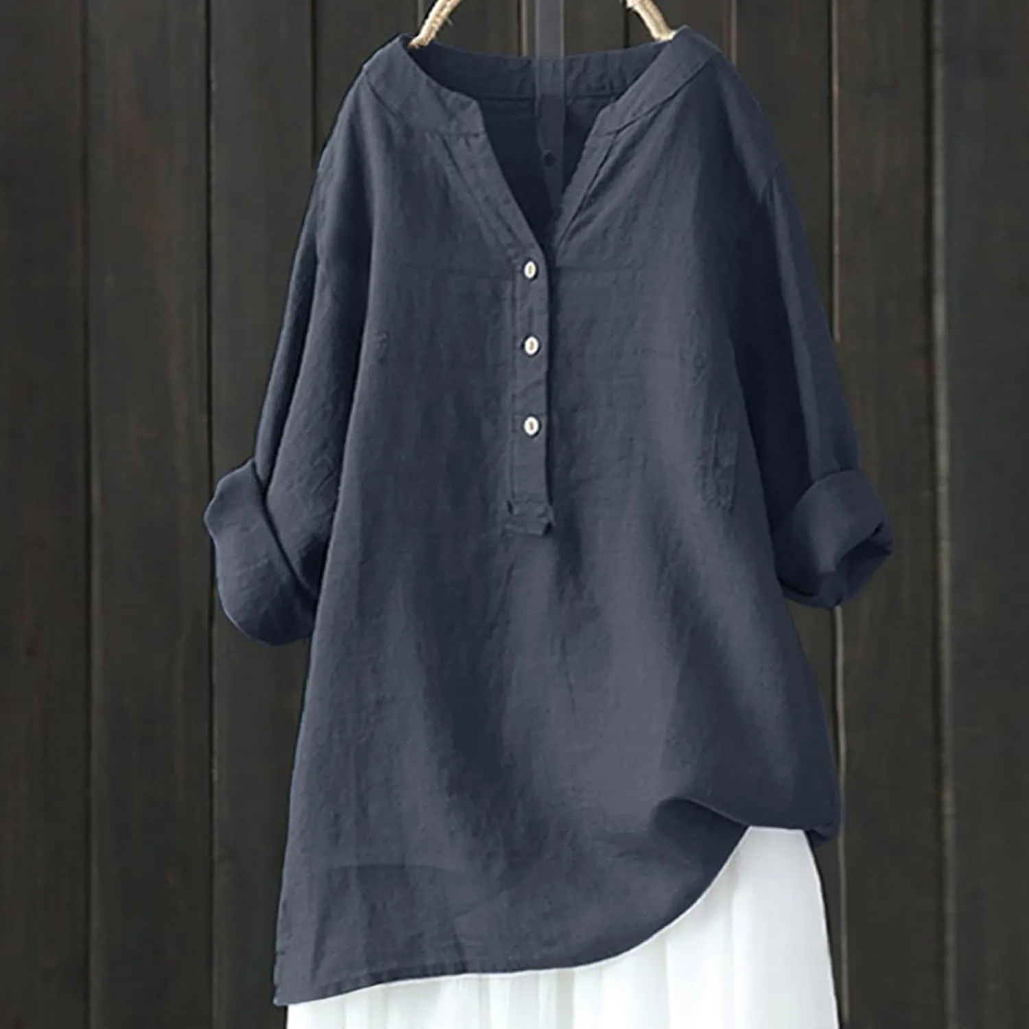 Womens Linen Shirts V-Neck Buttons Blouses Embroidery Plus Size Tops Short Sleeve Loose Fit T Shirts