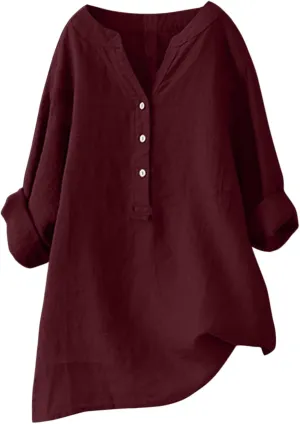 Womens Linen Shirts V-Neck Buttons Blouses Embroidery Plus Size Tops Short Sleeve Loose Fit T Shirts